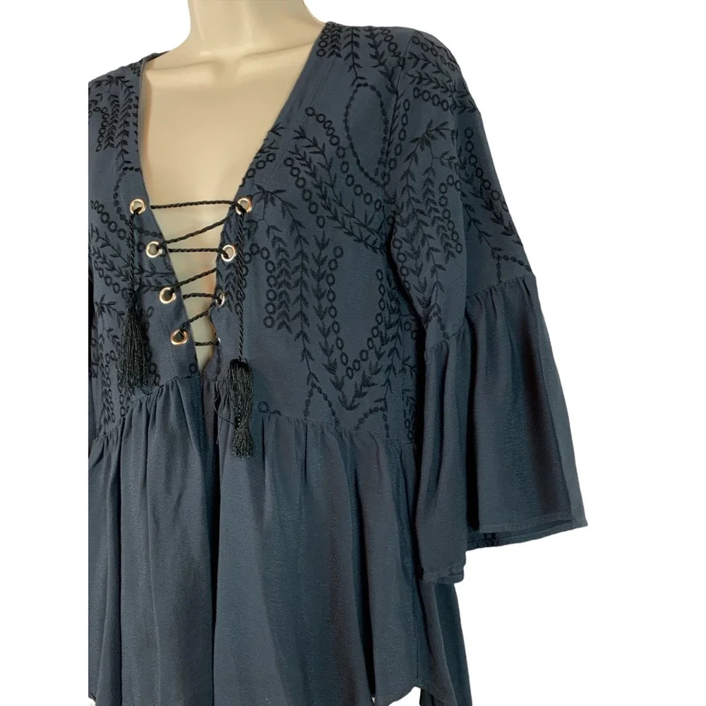 Flowers Of Romance Womens Blouse Black Bell Sleeve V Neck Tassel Embroidered XS - Picture 6 of 9